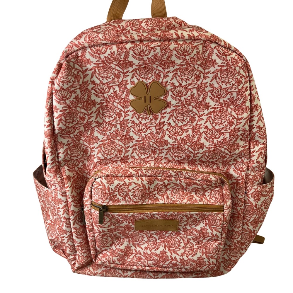 Lucky Brand Backpack Large Coral Floral Canvas Boho School Travel Bookbag